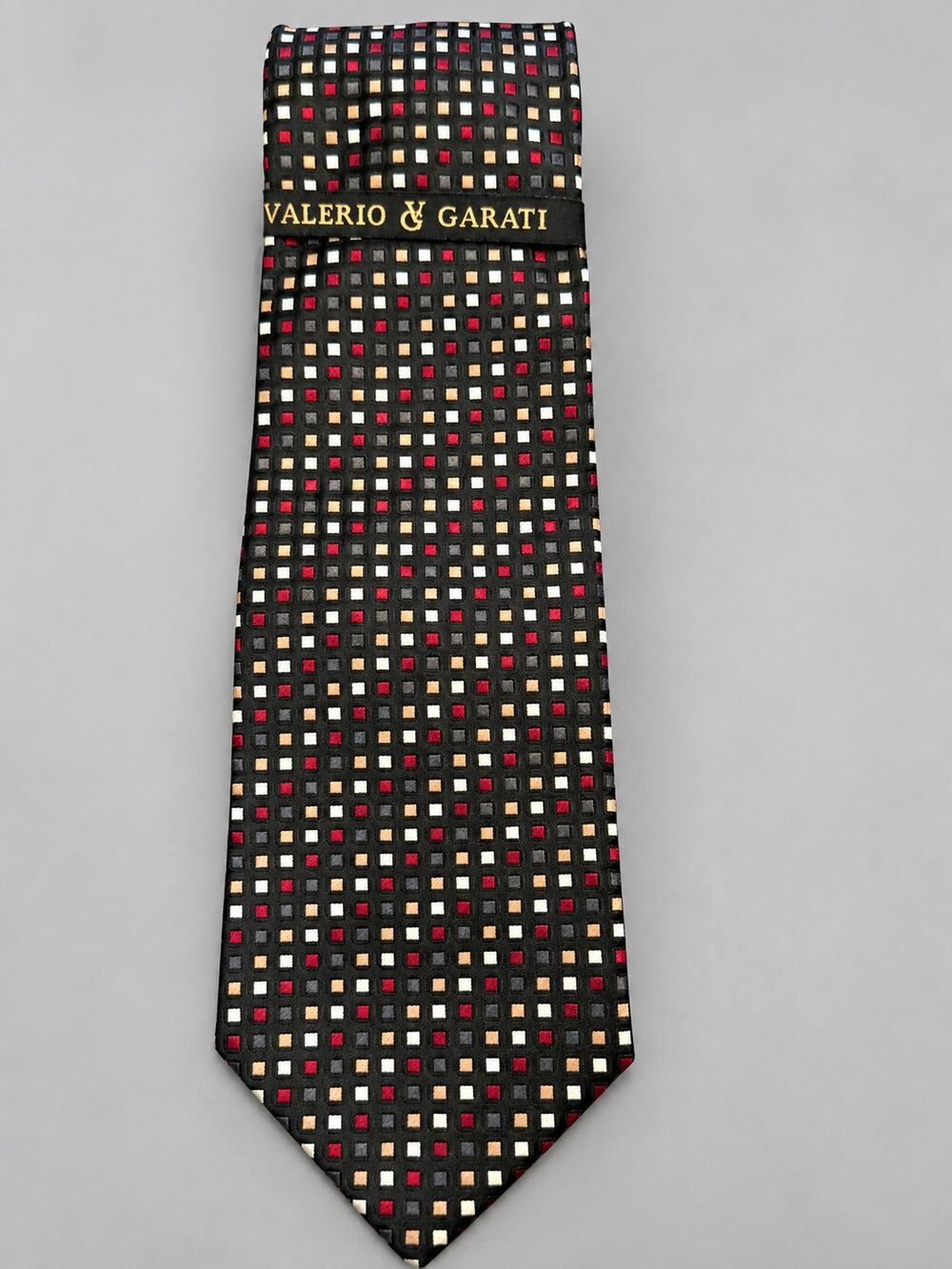 Valerio Garati Men’s Pure Silk Tie Black Red Gold Geometric Square Pattern